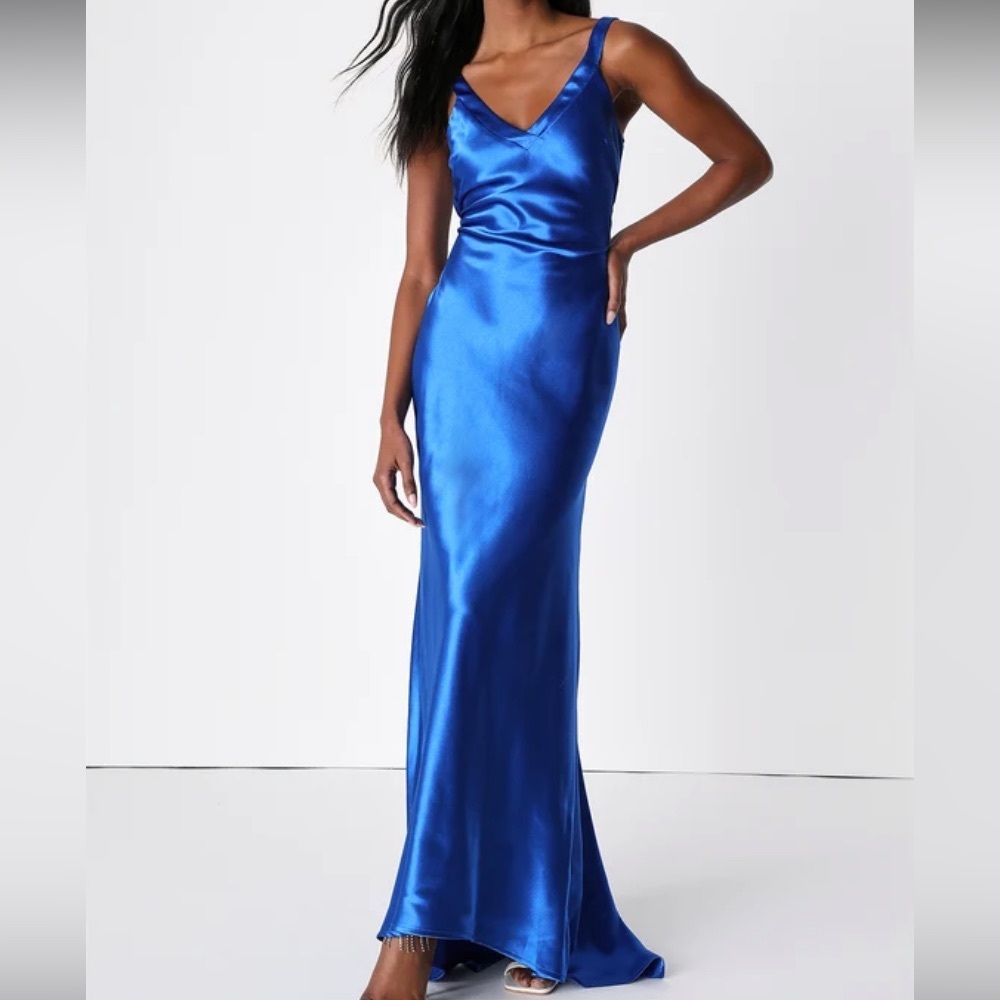 Beautiful Blue Prom Gala Satin Strappy Maxi Dress